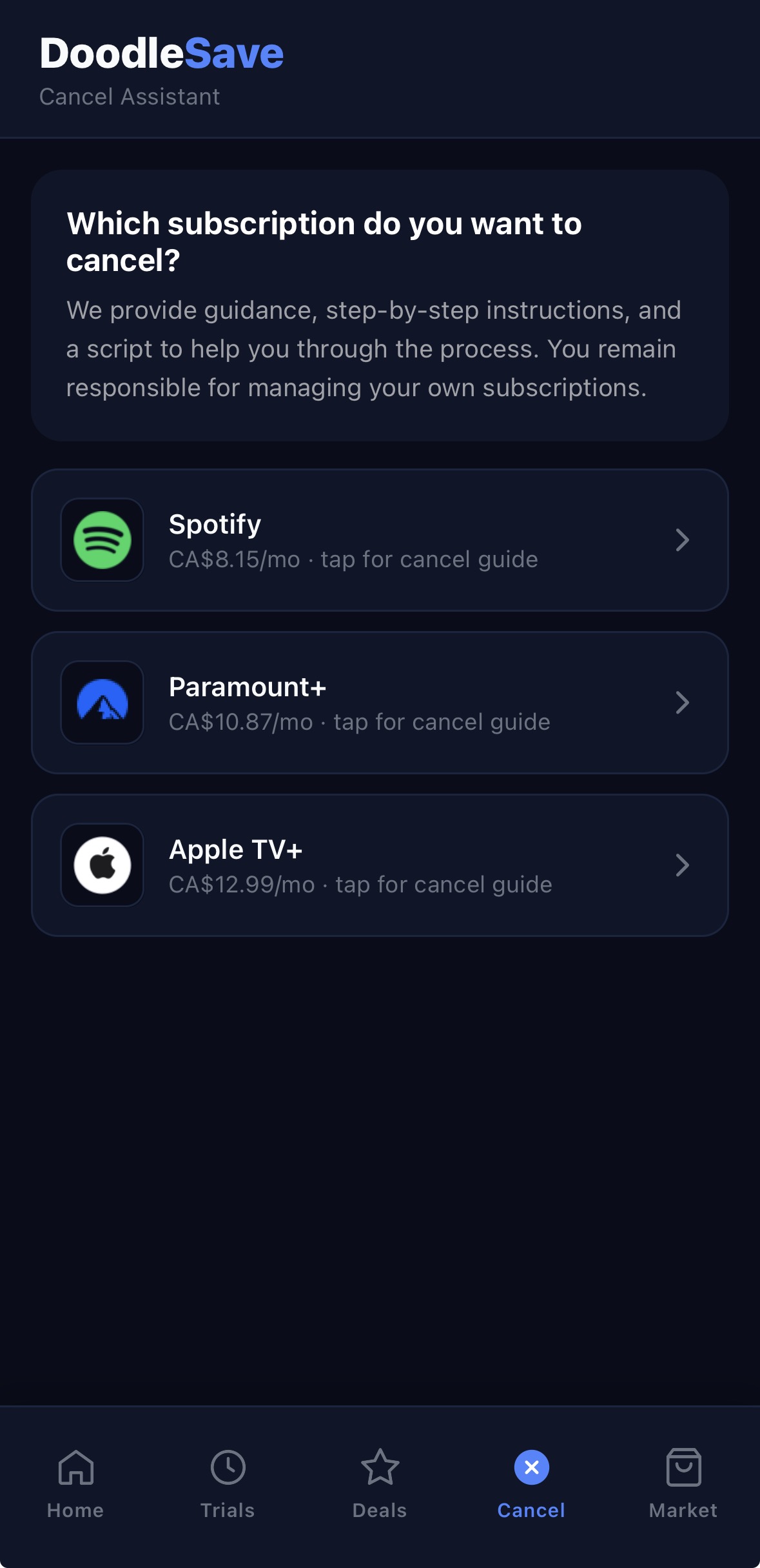 DoodleSave cancel tab showing subscription cancellation options