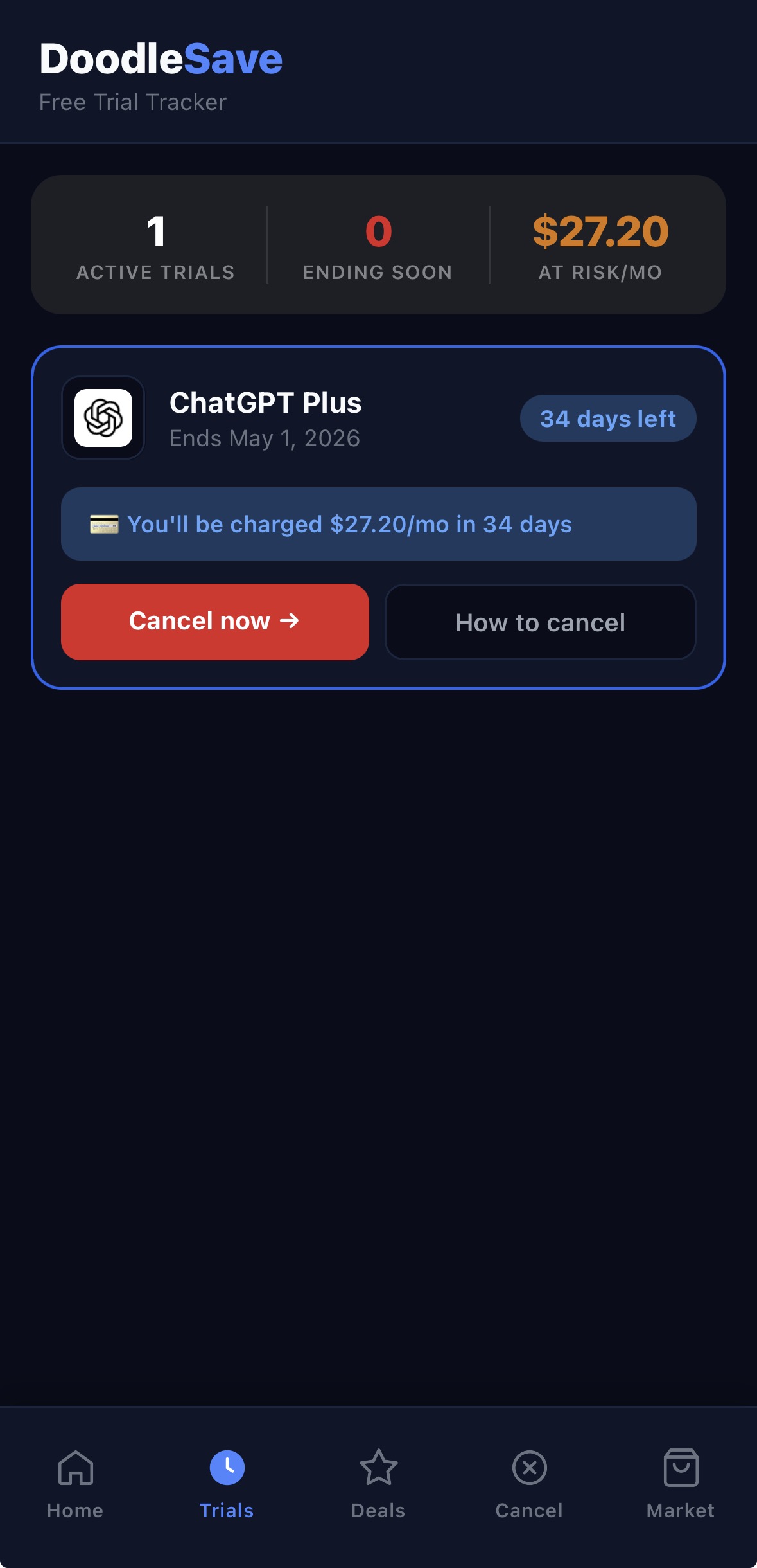 DoodleSave trials tab showing active trials and upcoming charges