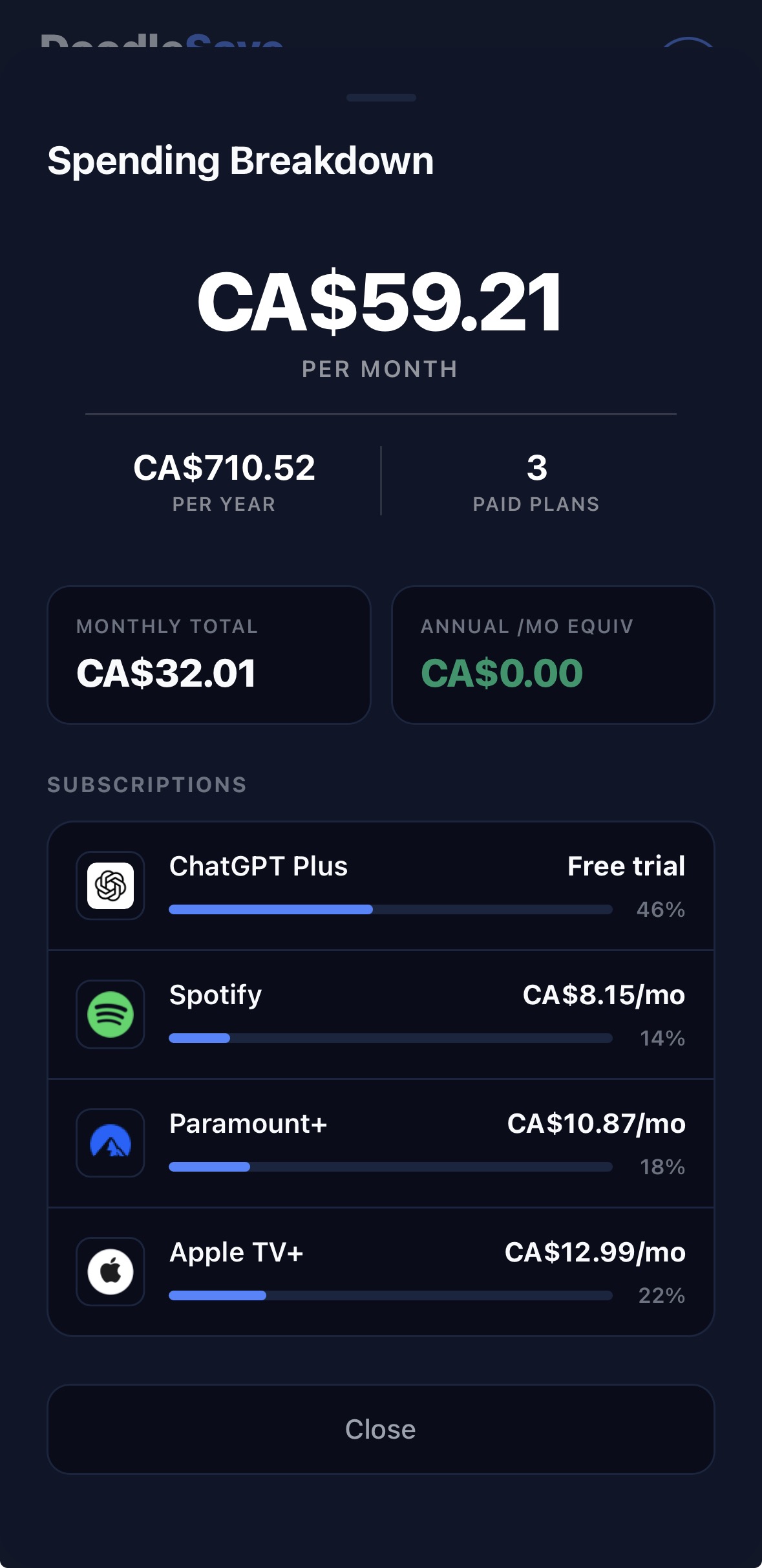 DoodleSave spending breakdown screen showing monthly spend and subscription costs